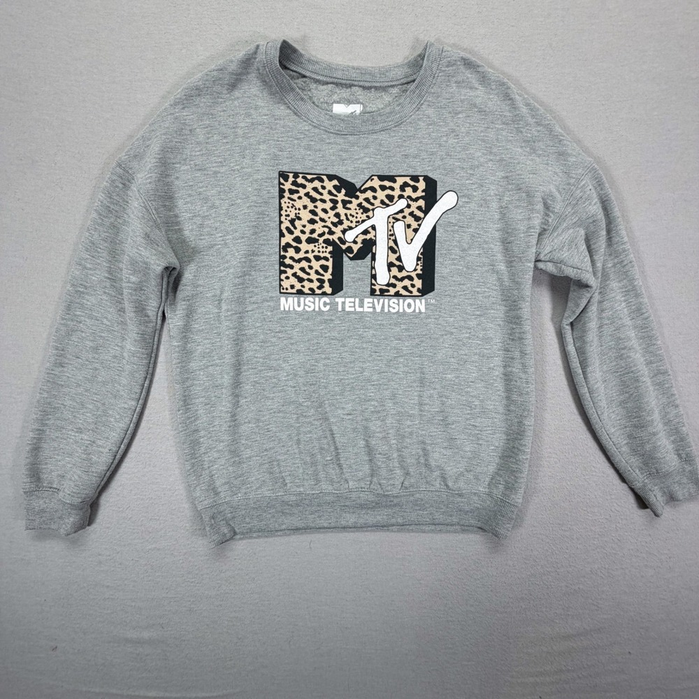 MTV Sweatshirt Women‎ Small Gray Leopard Print Graphic Pullover